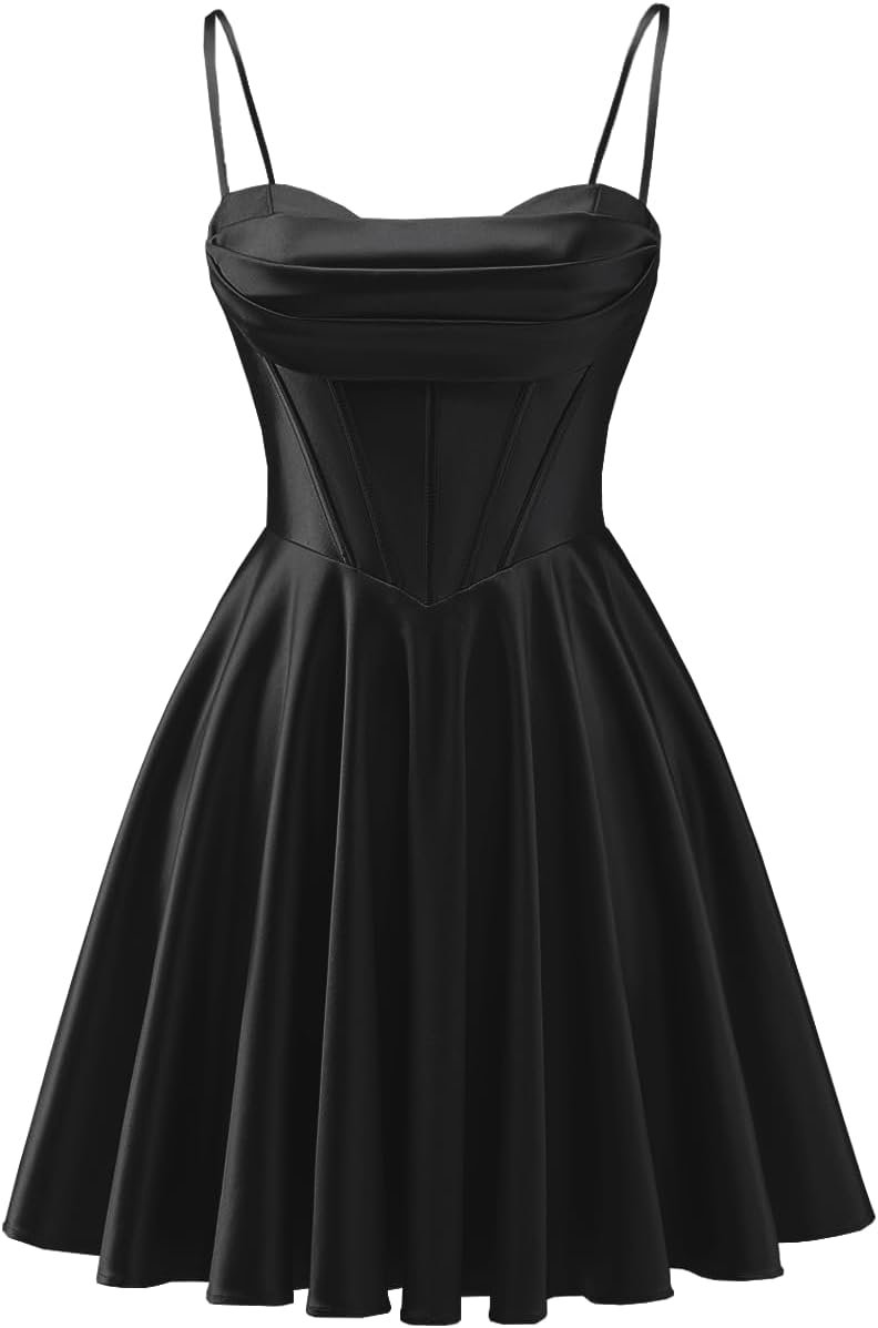 Spaghetti Straps Satin Homecoming Dresses for Teens Ruched Corset Short Prom Dresses 2026