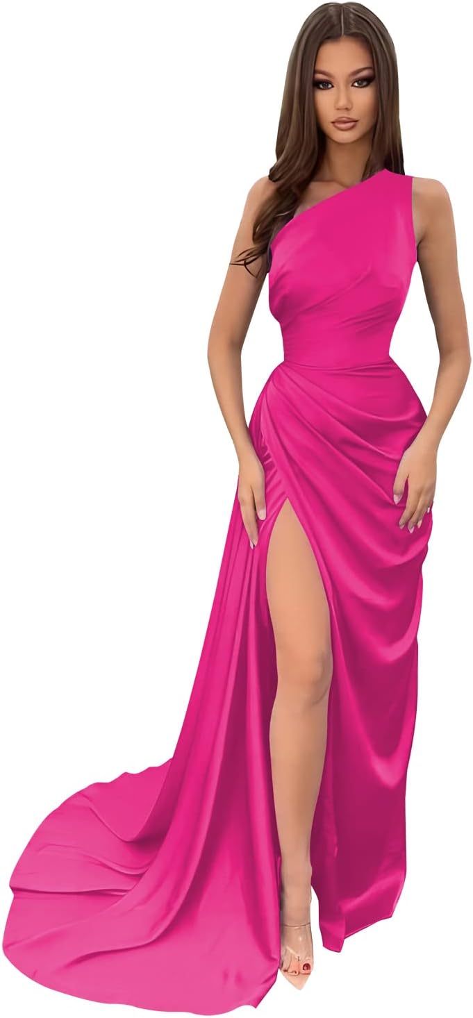 Vestidos de dama de honor largos con un hombro al descubierto y pliegues de satén estilo sirena para fiesta de boda formal 