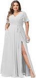 Plus Size Bridesmaid Dresses with Pockets V Neck Chiffon Flutter Sleeves Formal Evening Gowns with Slit