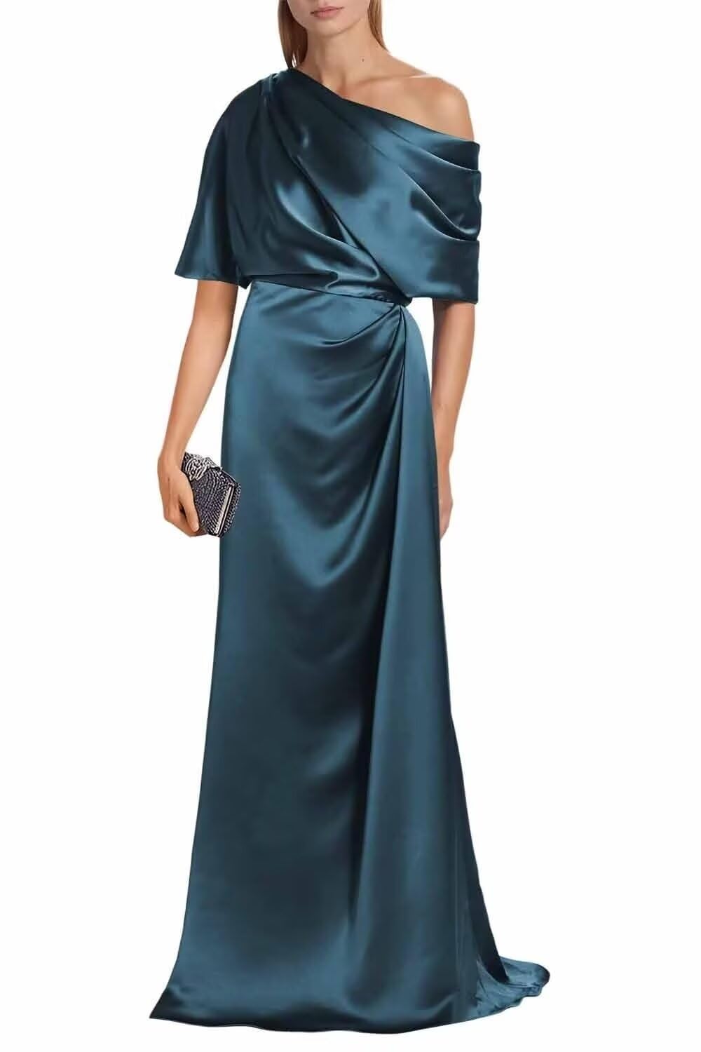 Satin Mother of The Bride Dresses for Wedding One Shoulder Formal Dress with Sleeves Mermaid Evening Party Gowns