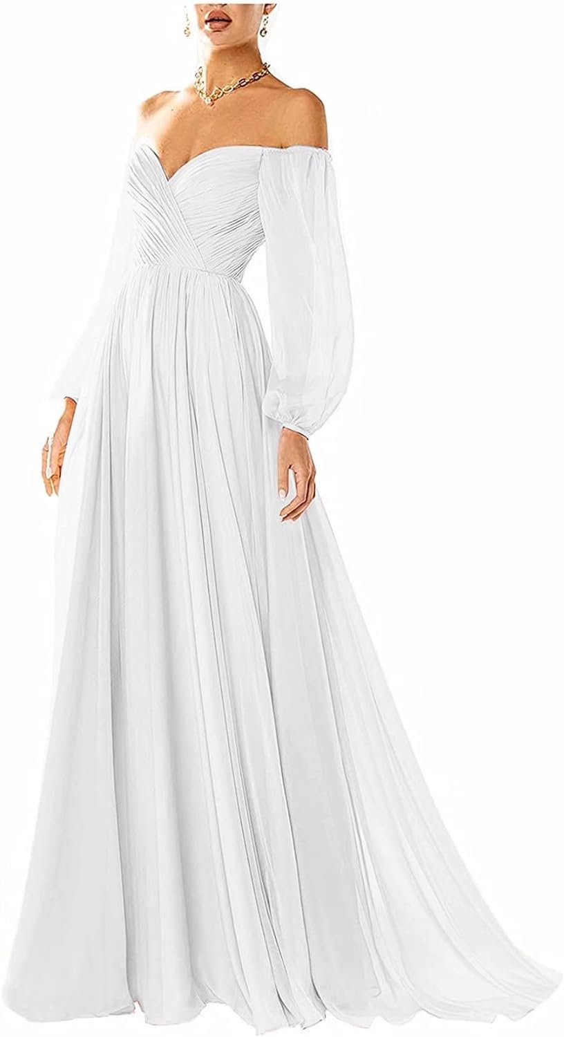 Vestido de fiesta con hombros descubiertos, manga larga, estilo formal, plisado, corte A, para mujer