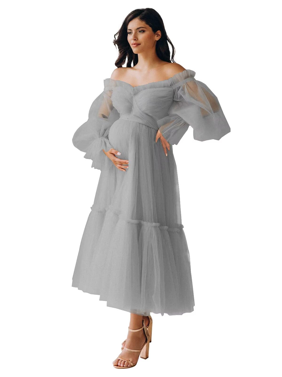 Eightale Tulle Tea Length Maternity Dresses for Photo Shoot Long Sleeve Pregnancy Gown for Baby Shower