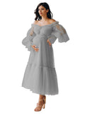 Tulle Tea Length Maternity Dresses for Photo Shoot Long Sleeve Pregnancy Gown for Baby Shower