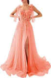 Appliques Tulle Lace Prom Dresses with Slit Spaghetti Straps Formal Evening Dress Sweetheart Ball Gowns