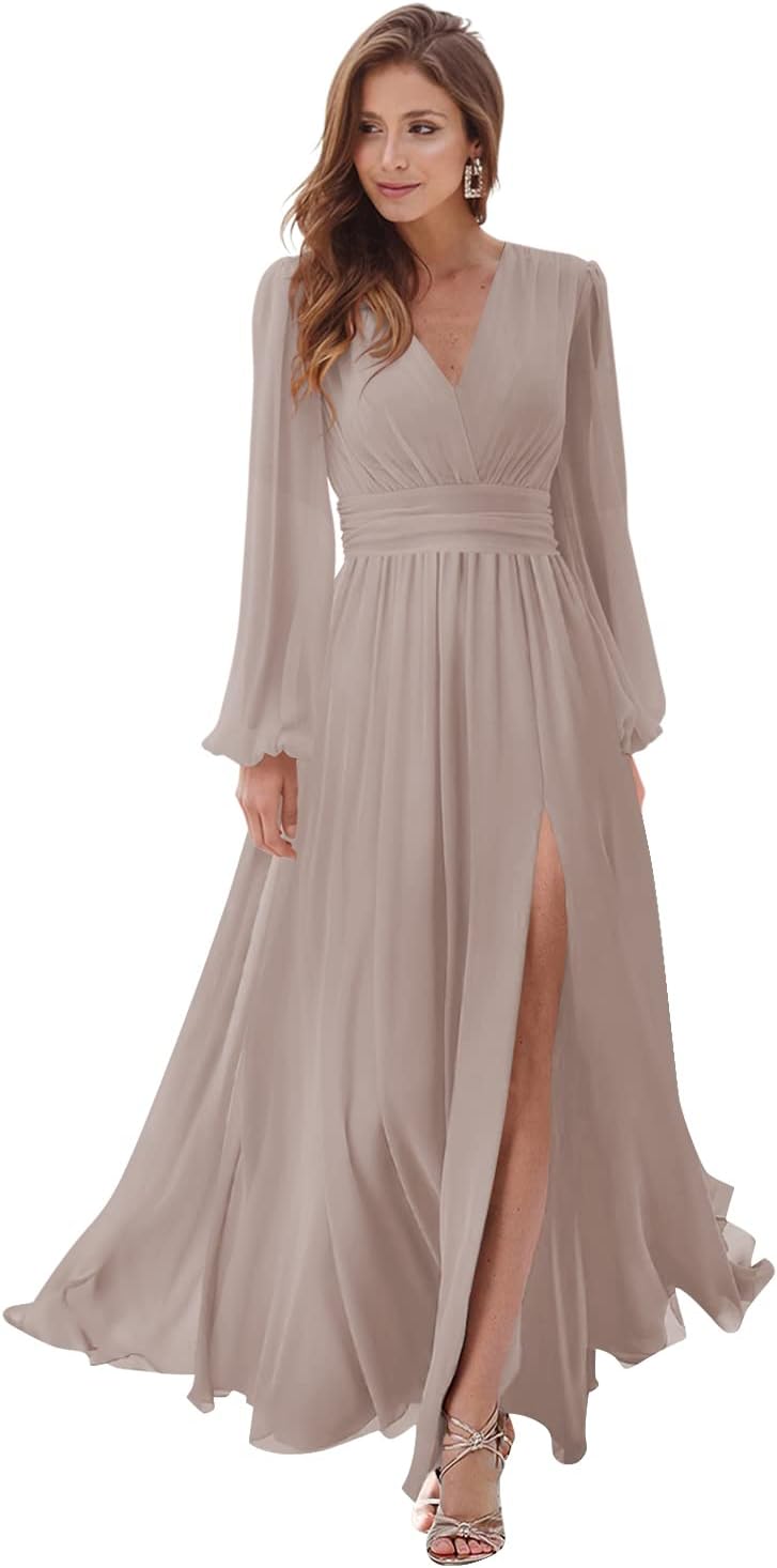 Women's Long Sleeve Bridesmaid Dresses with Slit V Neck A Line Chiffon Formal Evening Gowns with Pockets Mother of the Bride Gowns