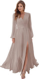 Women's Long Sleeve Bridesmaid Dresses with Slit V Neck A Line Chiffon Formal Evening Gowns with Pockets Mother of the Bride Gowns