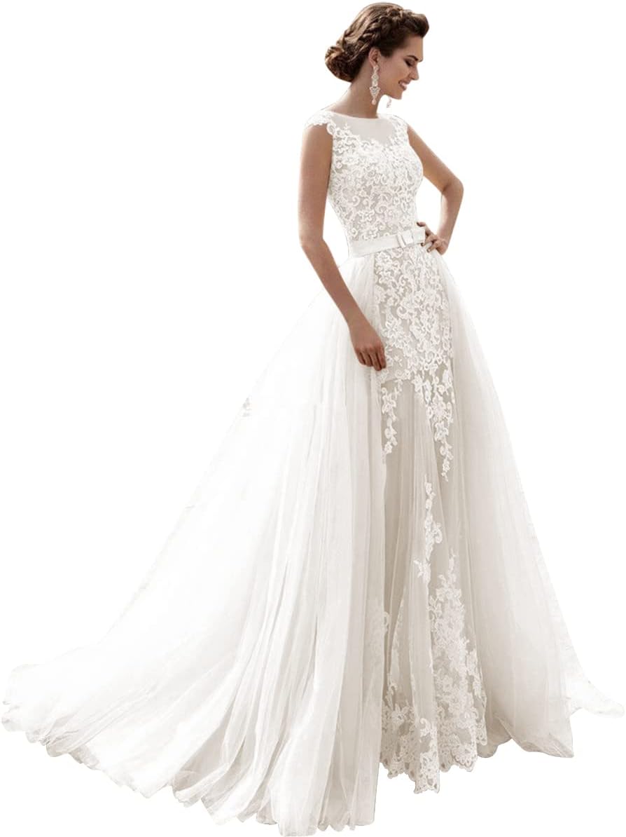 Mermaid Lace Cap Wedding Dress with Detachable Tulle Train for Bride Evening Prom Gown