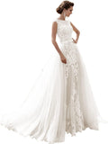 Mermaid Lace Cap Wedding Dress with Detachable Tulle Train for Bride Evening Prom Gown