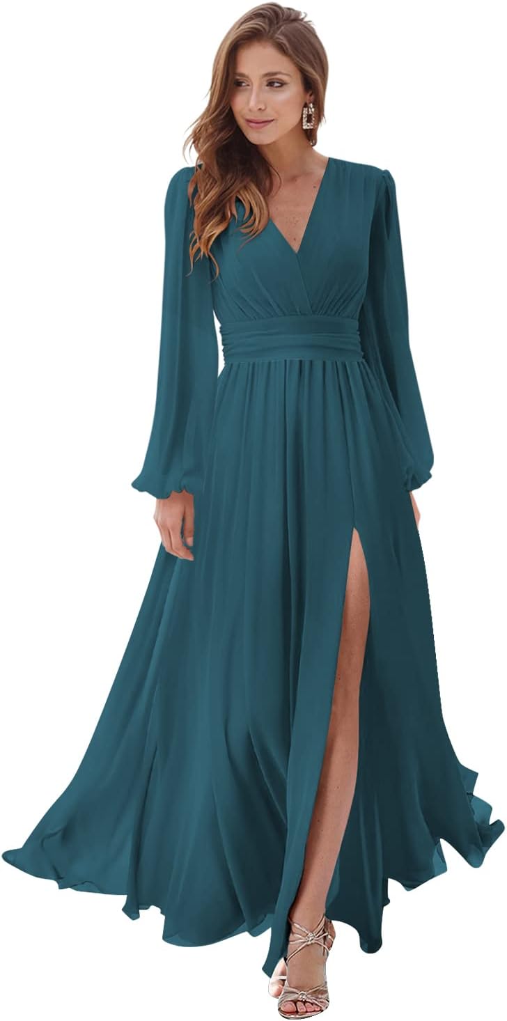 Women's Long Sleeve Bridesmaid Dresses with Slit V Neck A Line Chiffon Formal Evening Gowns with Pockets Mother of the Bride Gowns