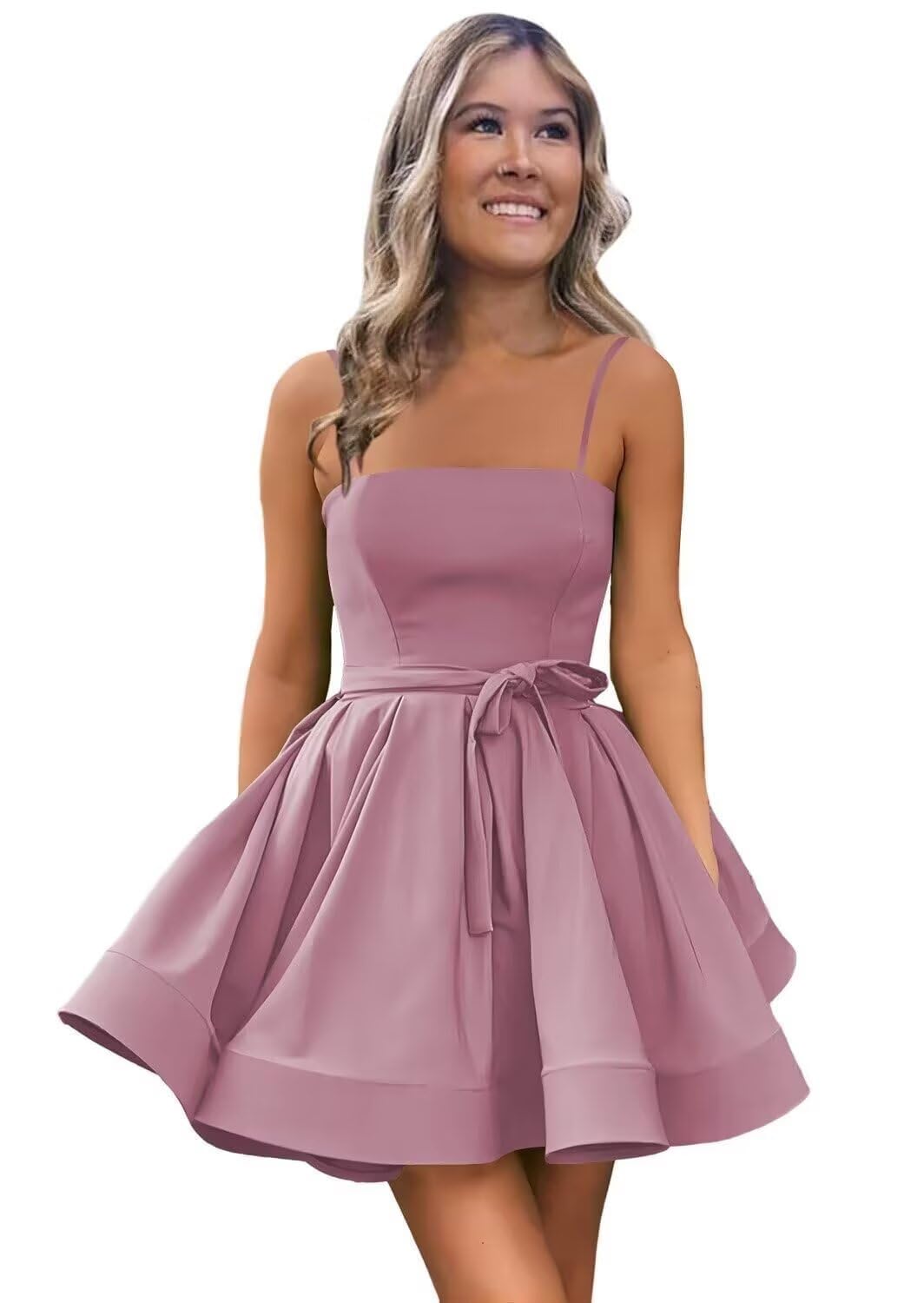 Women’s Short Satin Spaghetti Straps Formal Homecoming Dresses A Line Corset Puffy Prom Gown with Pockets for Teens