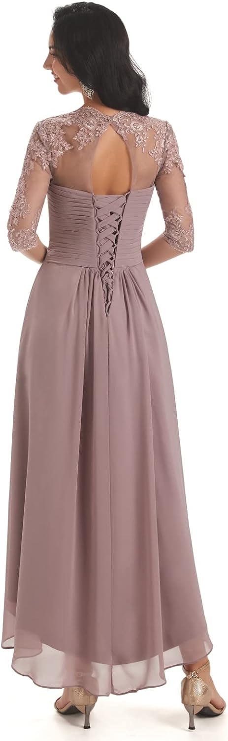 Women's Tea Length Mother of The Bride Dresses for Wedding Short Sleeves Lace Applique Formal Evening Prom Gowns
