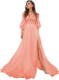 Long Sleeve Tulle Prom Evening Dresses Long Lace Applique A Line Ball Gown 2027