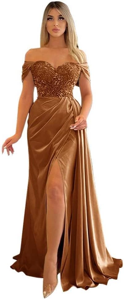 Off Shoulder Beaded Satin Bridesmaid Dresses for Women 2027 Mermaid Prom Dress with Slit