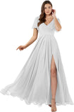 Damen Brautjungfernkleider mit Flatterärmeln, lang, mit Schlitz, V-Ausschnitt, Chiffon, formelle Kleider 