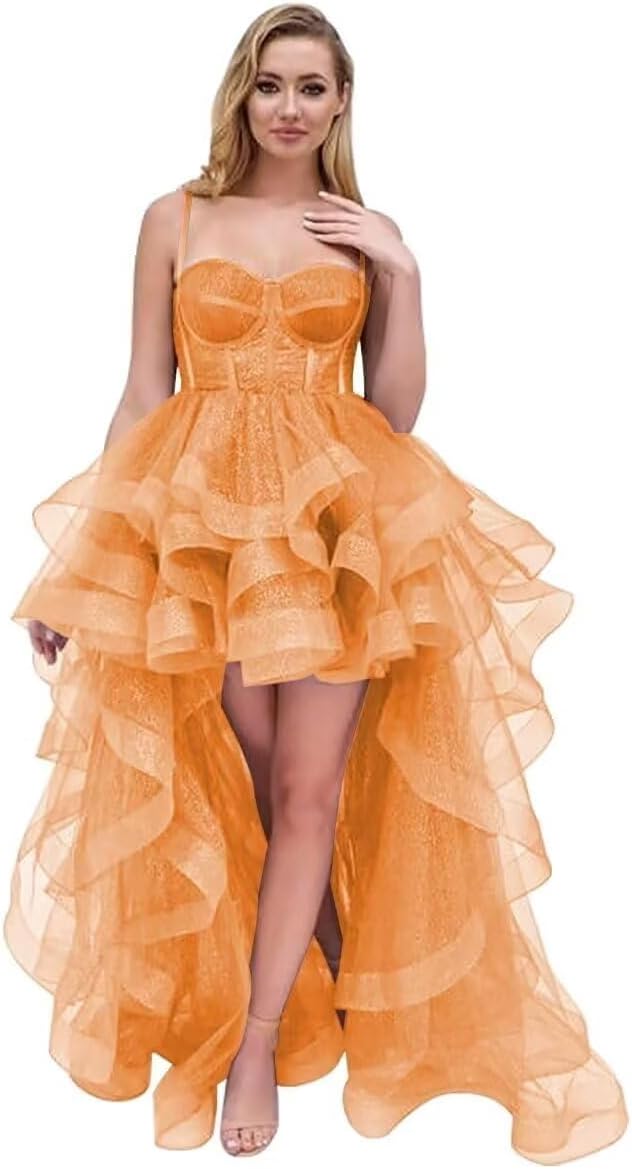 Spaghetti Cocktail Party Dress for Women High-Low Ruffled Summer Dress Long Trailing Prom Ball Gown