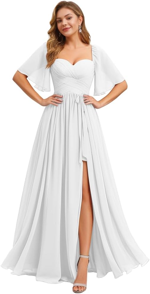 Women's Chiffon Bridesmaid Dresses for Wedding Flutter Sleeves Ruched A Line Long Formal Dress with Slit