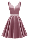 Satin Glitter Homecoming Dresses for Teens Short Prom Dress V-Neck Beaded Evening Formal Cocktail Party Gowns