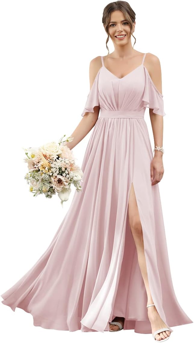 Women's Cold Shoulder Ruffle Sleeves Bridesmaid Dresses for Women 2025 Pleated Chiffon Formal Dresses with Slit