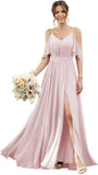 Women's Cold Shoulder Ruffle Sleeves Bridesmaid Dresses for Women 2025 Pleated Chiffon Formal Dresses with Slit