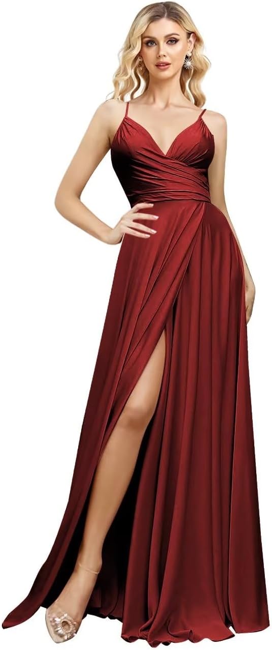 V Neck Satin Bridesmaid Dresses Spaghetti Straps Prom Dress Slit Wedding Formal Evening Party Dress