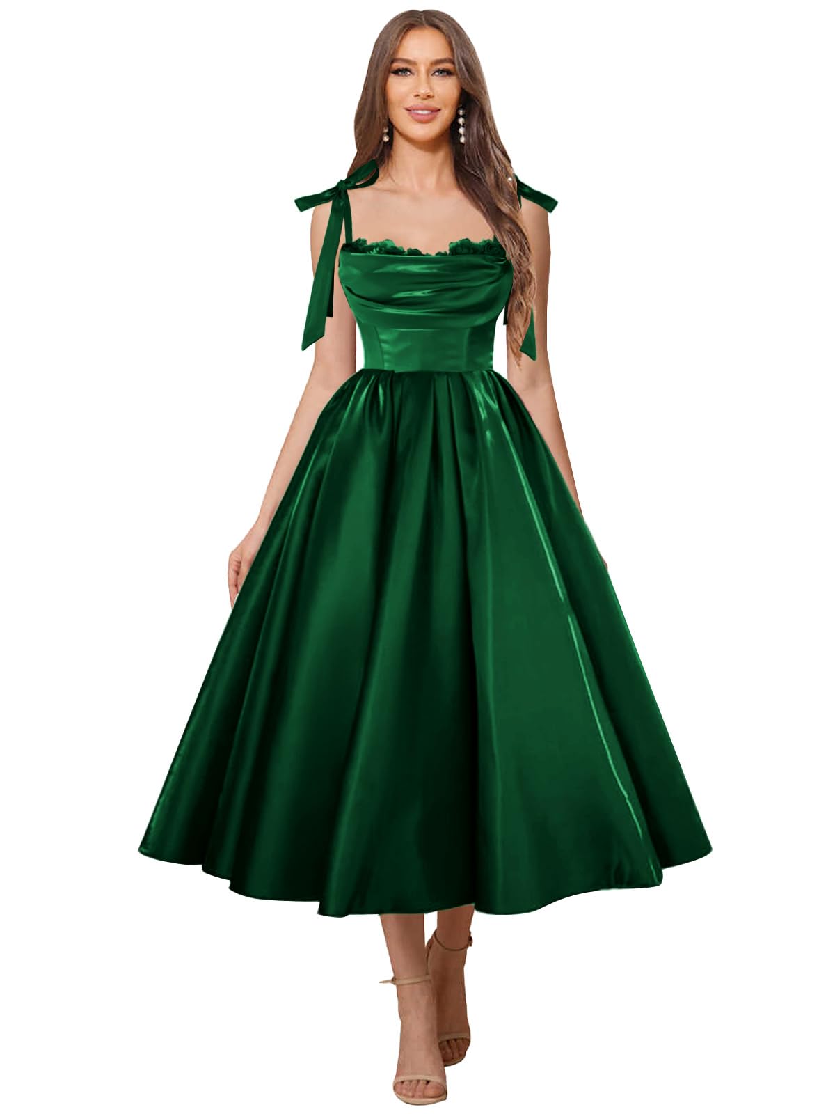 Satin Prom Dresses for Women Spaghetti Straps Corset A-Line Ball Formal Gowns Tea Length with Pockets