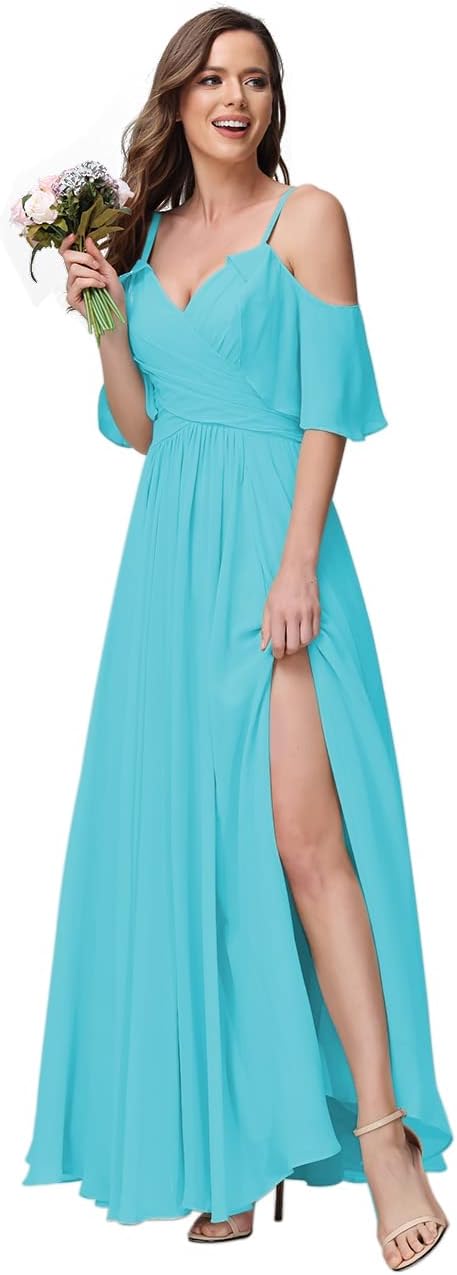 Women's Long Spaghetti Straps Bridesmaid Dress with Slit Off Shoulder Chiffon Formal Party Gowns