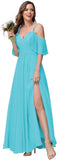 Women's Long Spaghetti Straps Bridesmaid Dress with Slit Off Shoulder Chiffon Formal Party Gowns