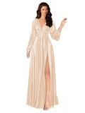 Kingbridal Gowns Long Sleeve Satin Bridesmaid Dresses for Women Long A-Line V-Neck Pleated Formal Evening Party Ball Gown with Slit
