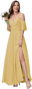 Women's Long Spaghetti Straps Bridesmaid Dress with Slit Off Shoulder Chiffon Formal Party Gowns