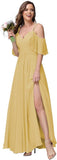 Women's Long Spaghetti Straps Bridesmaid Dress with Slit Off Shoulder Chiffon Formal Party Gowns