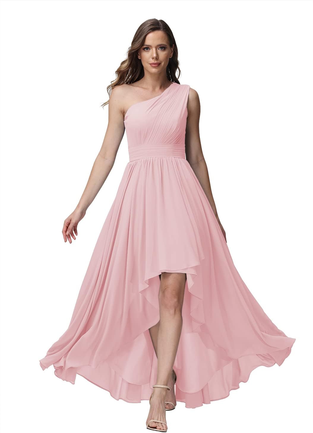 Vestido de dama de honor de un solo hombro para mujer, vestido formal de noche de gasa con bolsillos y corte alto bajo
