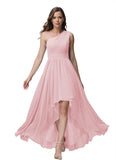 Vestido de dama de honor de un solo hombro para mujer, vestido formal de noche de gasa con bolsillos y corte alto bajo