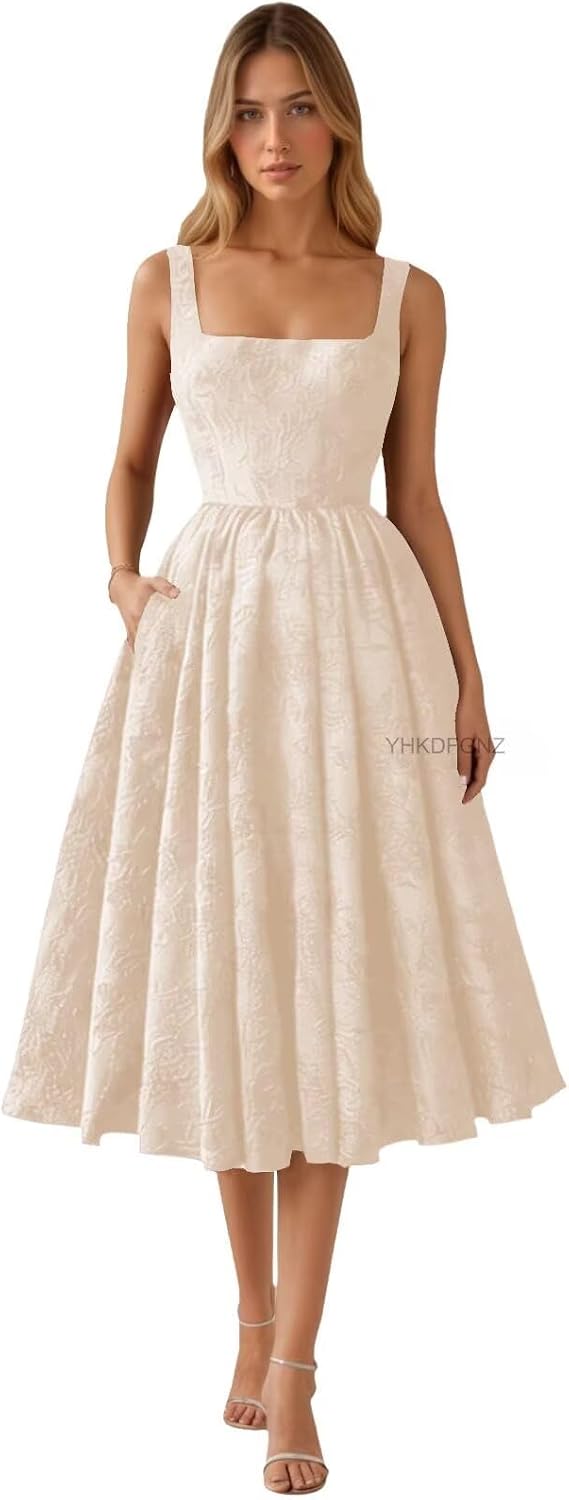 Floral Jacquard Satin Prom Dresses for Women Tea Length Formal Evening Party Dress with Pockets