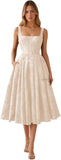 Floral Jacquard Satin Prom Dresses for Women Tea Length Formal Evening Party Dress with Pockets