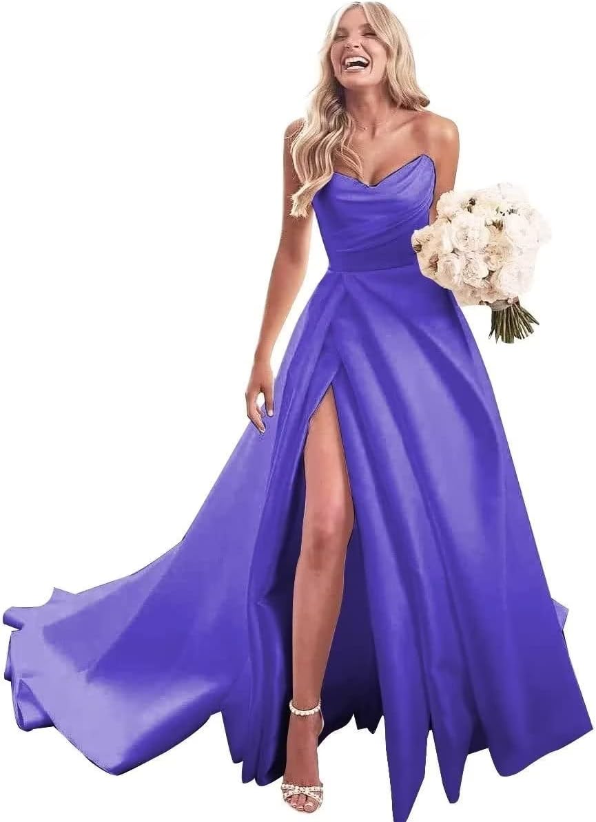 Trägerloses Ballkleid, langes Ballkleid, Satin-Brautkleid für die Braut, A-Linie, formelle Abendkleider mit Schlitz 