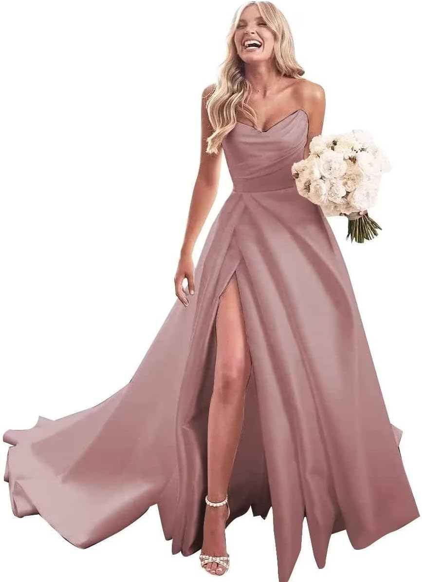 Trägerloses Ballkleid, langes Ballkleid, Satin-Brautkleid für die Braut, A-Linie, formelle Abendkleider mit Schlitz 