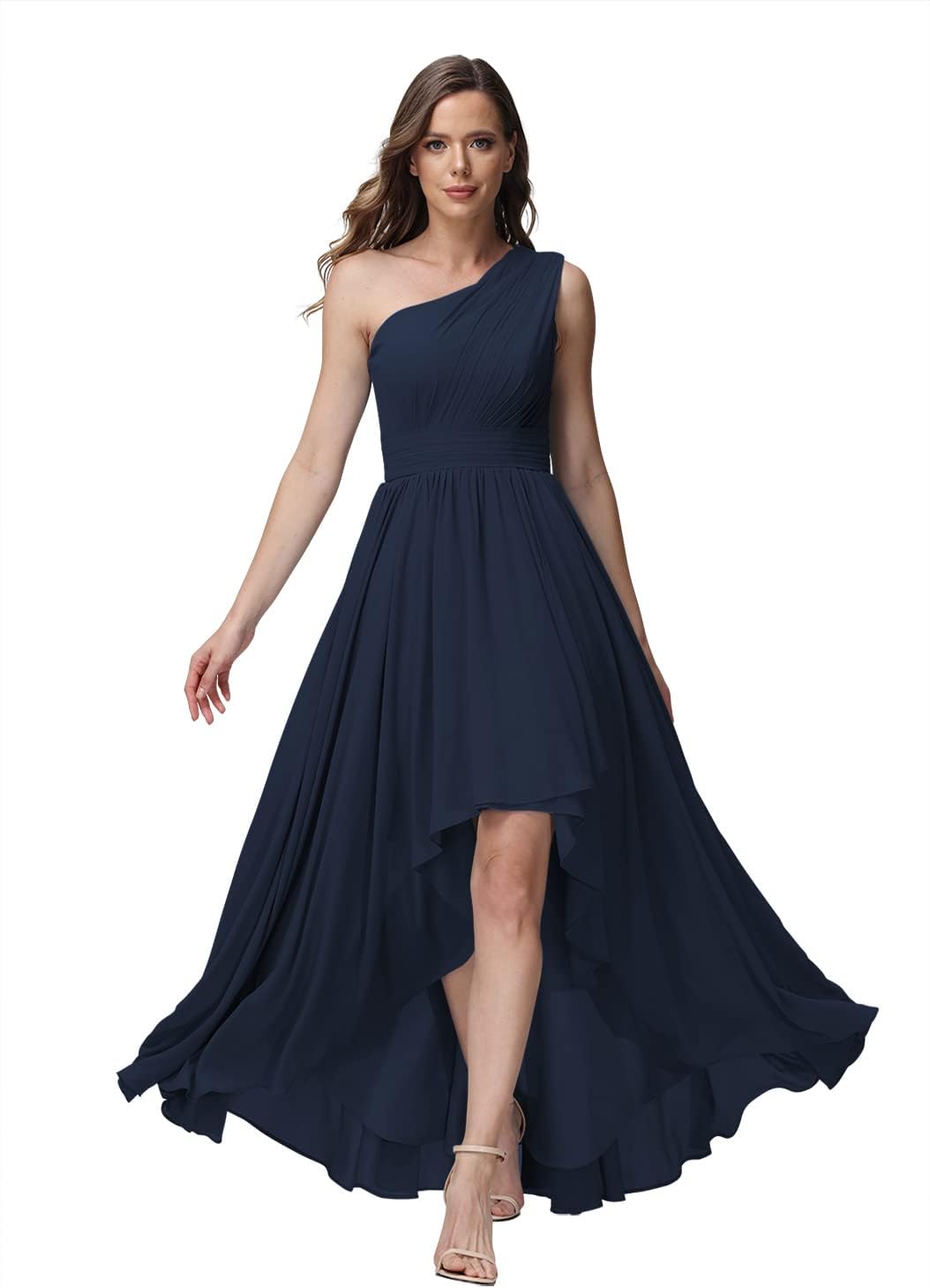 Vestido de dama de honor de un solo hombro para mujer, vestido formal de noche de gasa con bolsillos y corte alto bajo