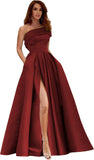Women's One Shoulder Prom Dresses Long Satin Side Slit Formal Evening Gowns with Pockets