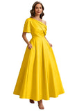 Kingbridal Satin Mother of The Bride Dresses for Women Tea Length Formal Dress One Shoulder Evening Party Gowns with Pockets