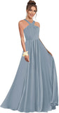 Halter Bridesmaid Dresses for Wedding Chiffon A Line Pleated Long Formal Prom Dress with Belt