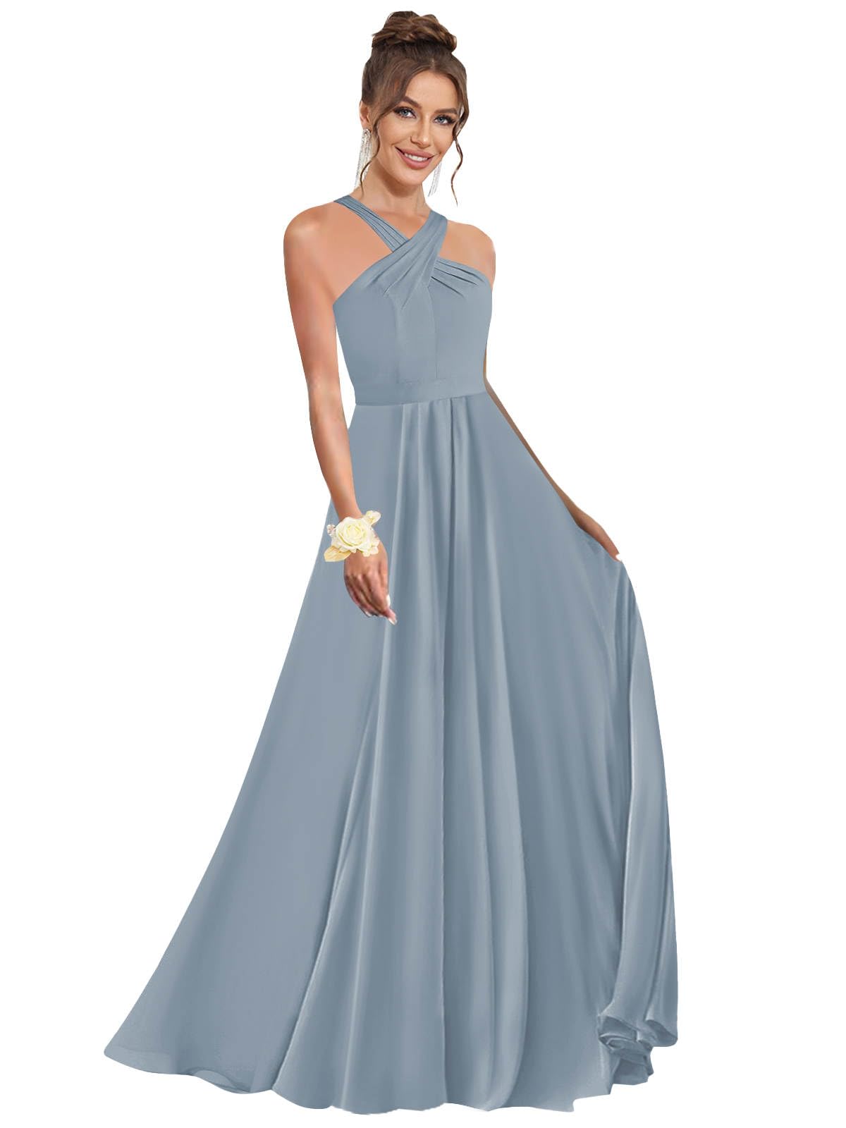 Halter Bridesmaid Dresses for Wedding Chiffon A Line Pleated Long Formal Prom Dress with Belt