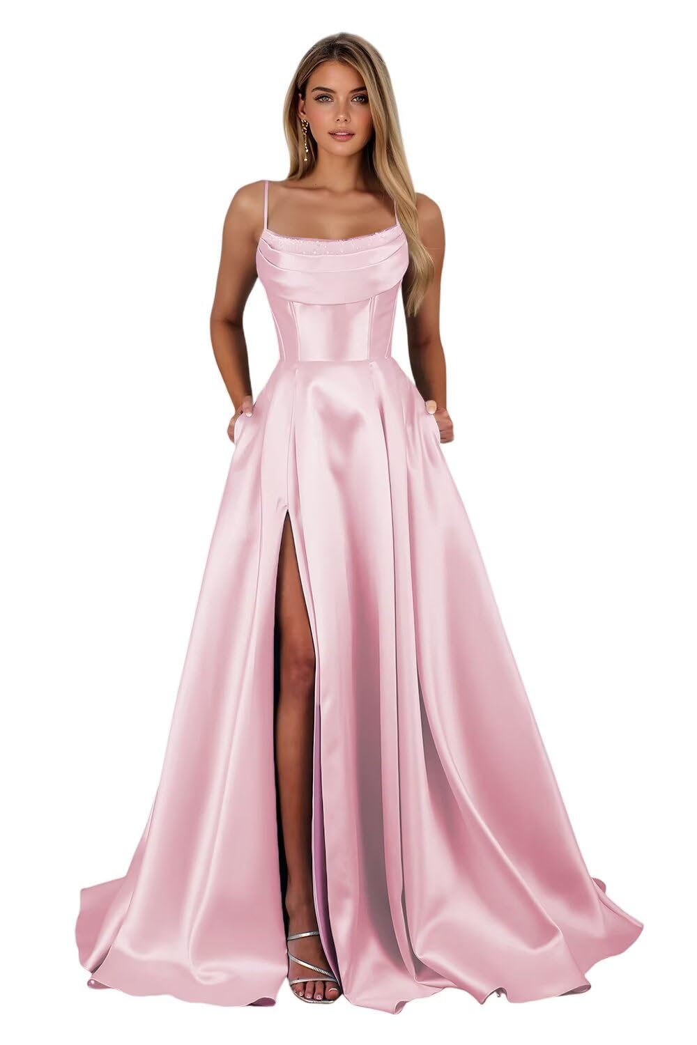 Satin Prom Dresses for Teens Long A-Line Cowl Neck Formal Evening Gown with Slit 2026 Maxi Ball Gowns