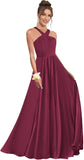 Halter Bridesmaid Dresses for Wedding Chiffon A Line Pleated Long Formal Prom Dress with Belt