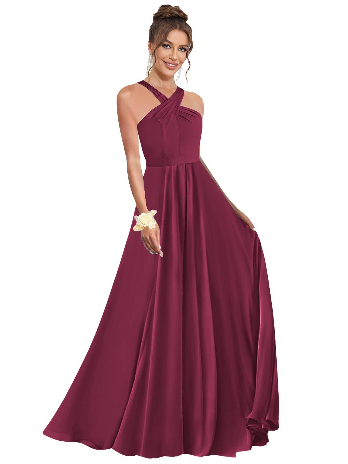 Halter Bridesmaid Dresses for Wedding Chiffon A Line Pleated Long Formal Prom Dress with Belt