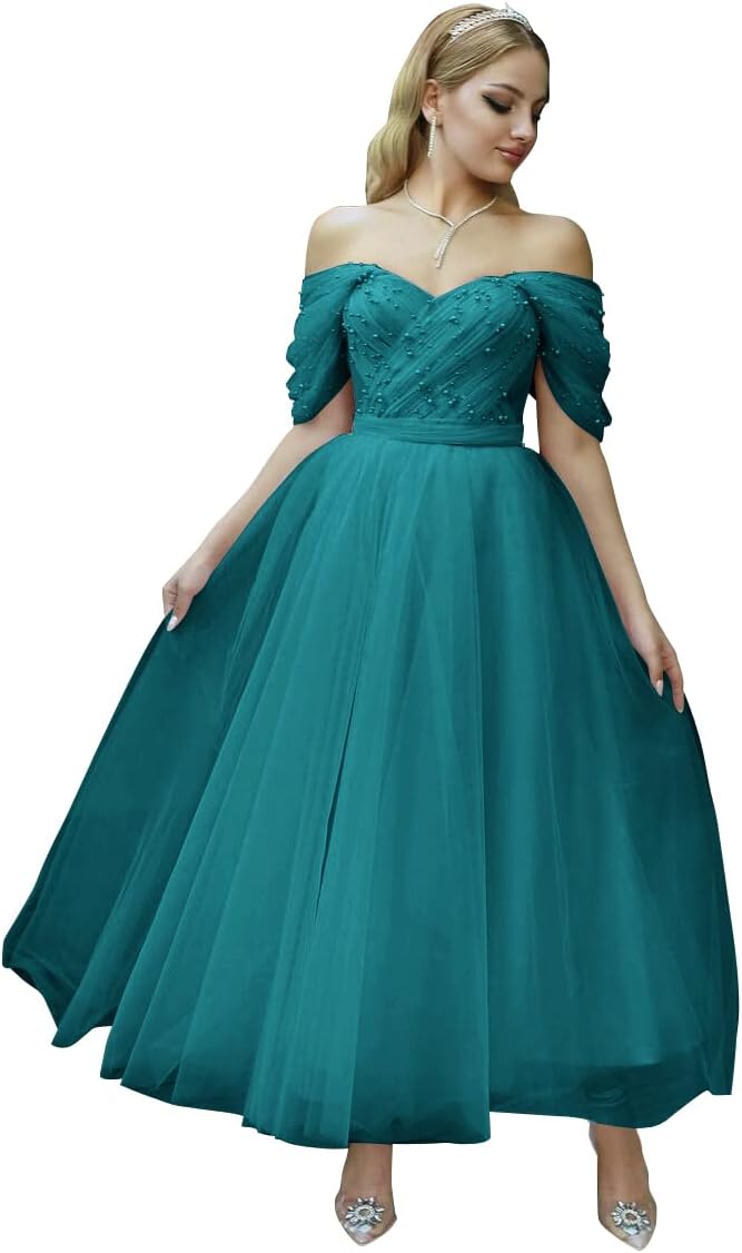 Tulle Tea Length Prom Dresses for Women Off The Shoulder Ball Gowns Teens Sweetheart Beaded Puffy Princess Dress