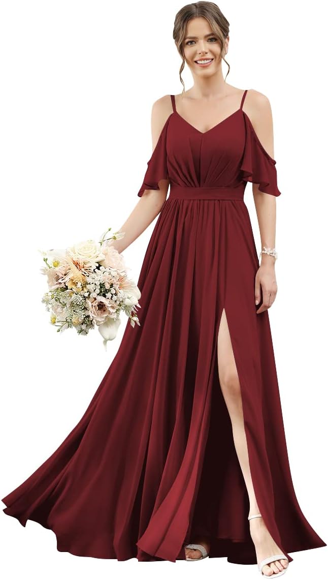 Women's Cold Shoulder Ruffle Sleeves Bridesmaid Dresses for Women 2025 Pleated Chiffon Formal Dresses with Slit