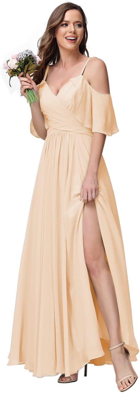 Women's Long Spaghetti Straps Bridesmaid Dress with Slit Off Shoulder Chiffon Formal Party Gowns