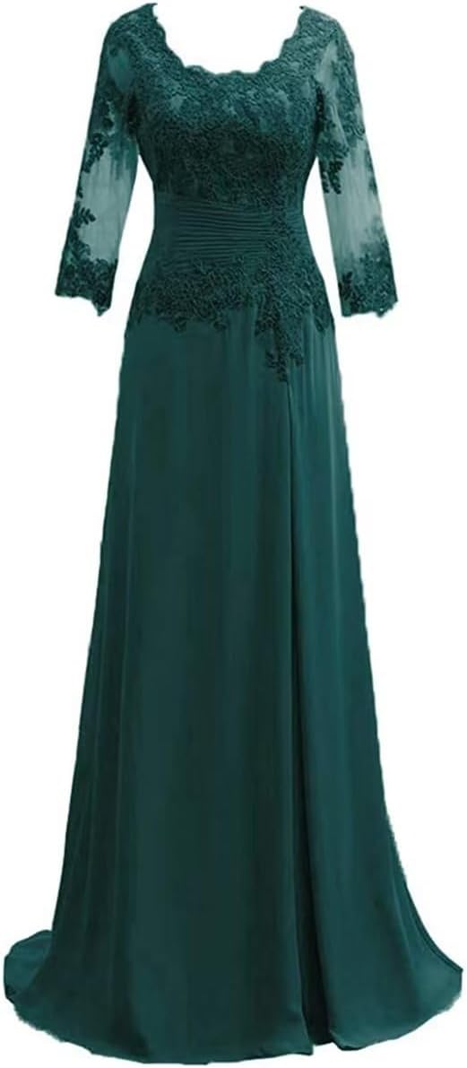 Women's Lace Appliqued Mother of The Bride Dresses 3/4 Sleeves Scoop Long Formal Evening Dress