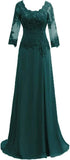 Women's Lace Appliqued Mother of The Bride Dresses 3/4 Sleeves Scoop Long Formal Evening Dress