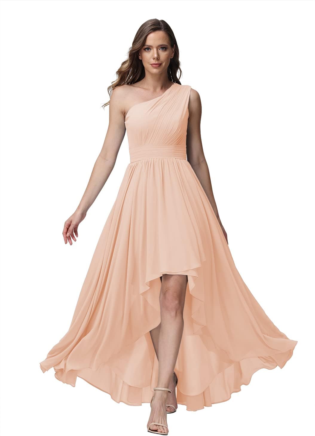 Vestido de dama de honor de un solo hombro para mujer, vestido formal de noche de gasa con bolsillos y corte alto bajo